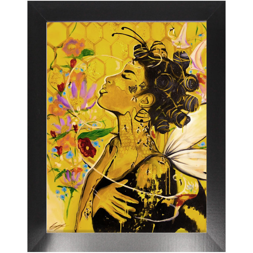 Painting titled “Angelic Butterfly” showing a Black woman with bantu knots, honey-dipped skin, butterfly wings, gold flakes, and bees in a bright yellow setting.