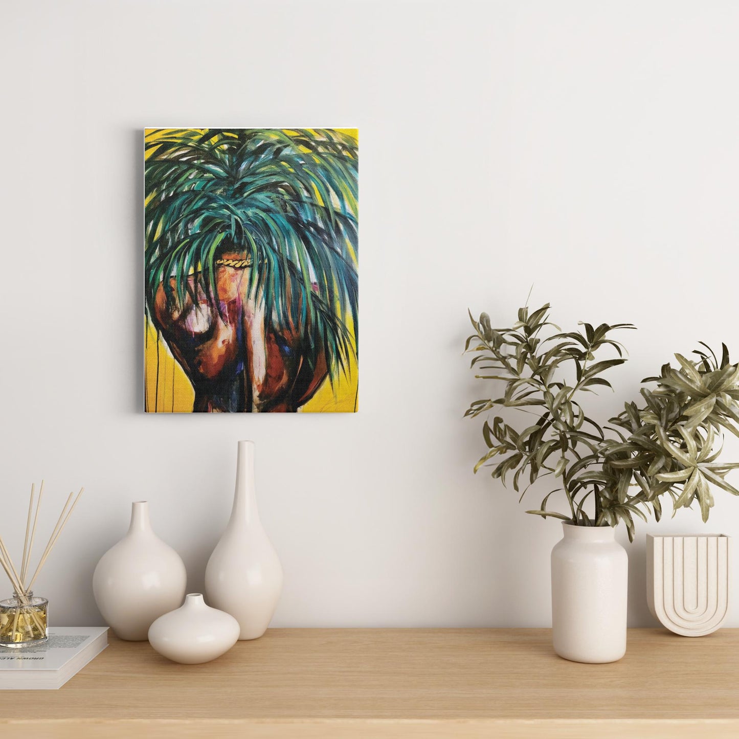 Painting titled “Throwing Shade” showing a solitary male figure with a strong back and palm tree hair, wearing a gold chain against a bright yellow tropical background.
