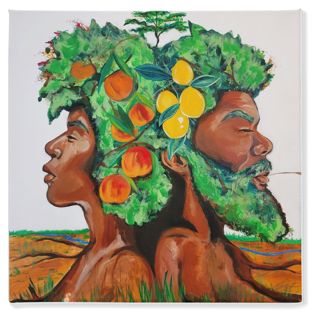 Painting titled “In Good Grace” showing male and female tree figures back-to-back with green afros, bearing fruit and a baby tree, in a serene natural landscape.