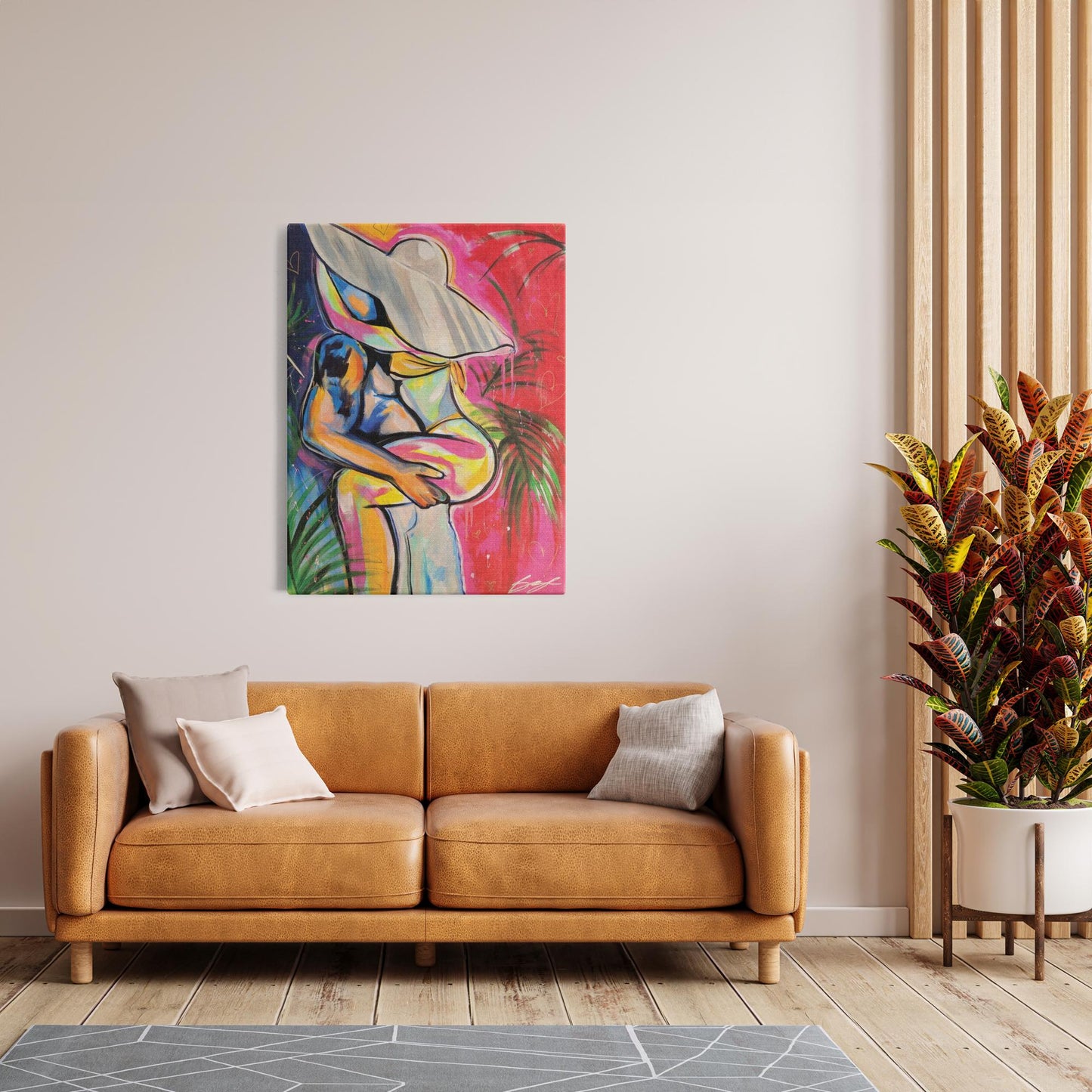 Painting titled “Passion in Paradise” showing a couple in a private, passionate embrace surrounded by tropical palms, capturing intimacy and desire.