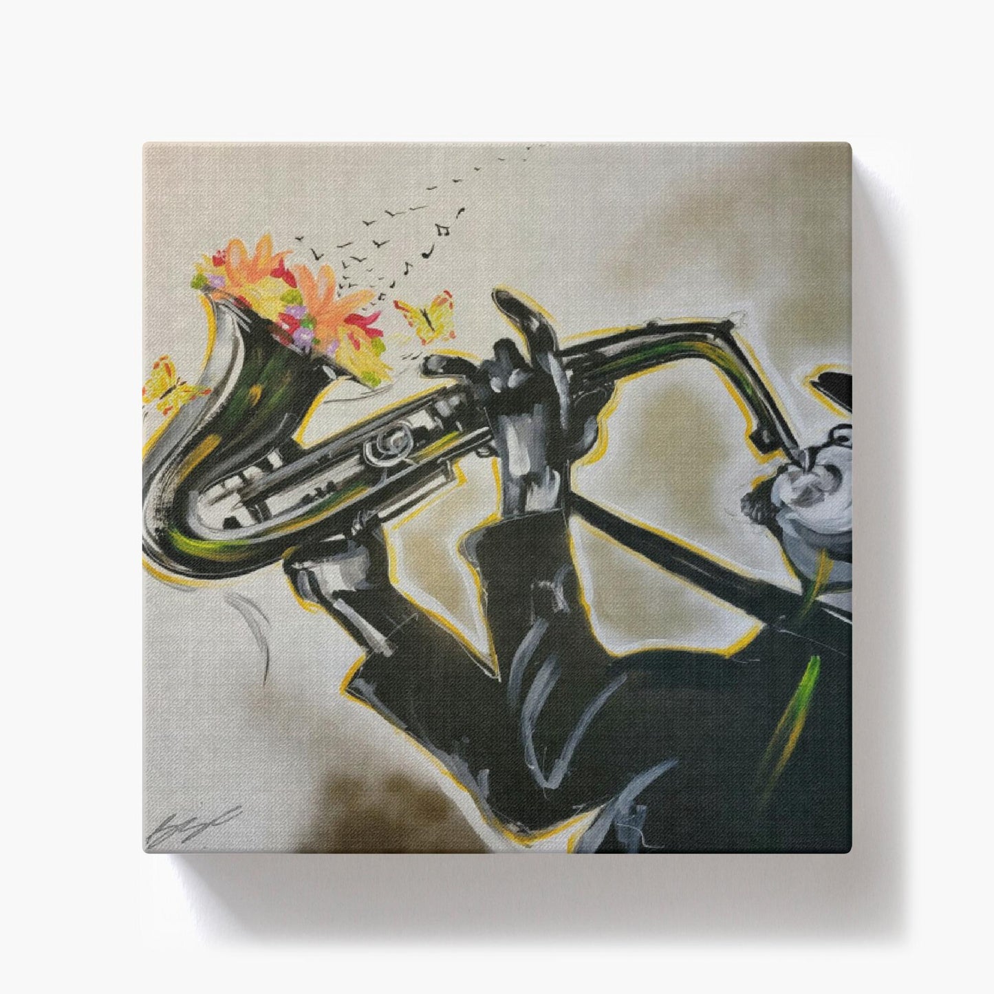 Abstract painting titled “Full Bloom” showing a silhouetted saxophonist playing as flowers bloom from the horn, transforming into floating music notes.