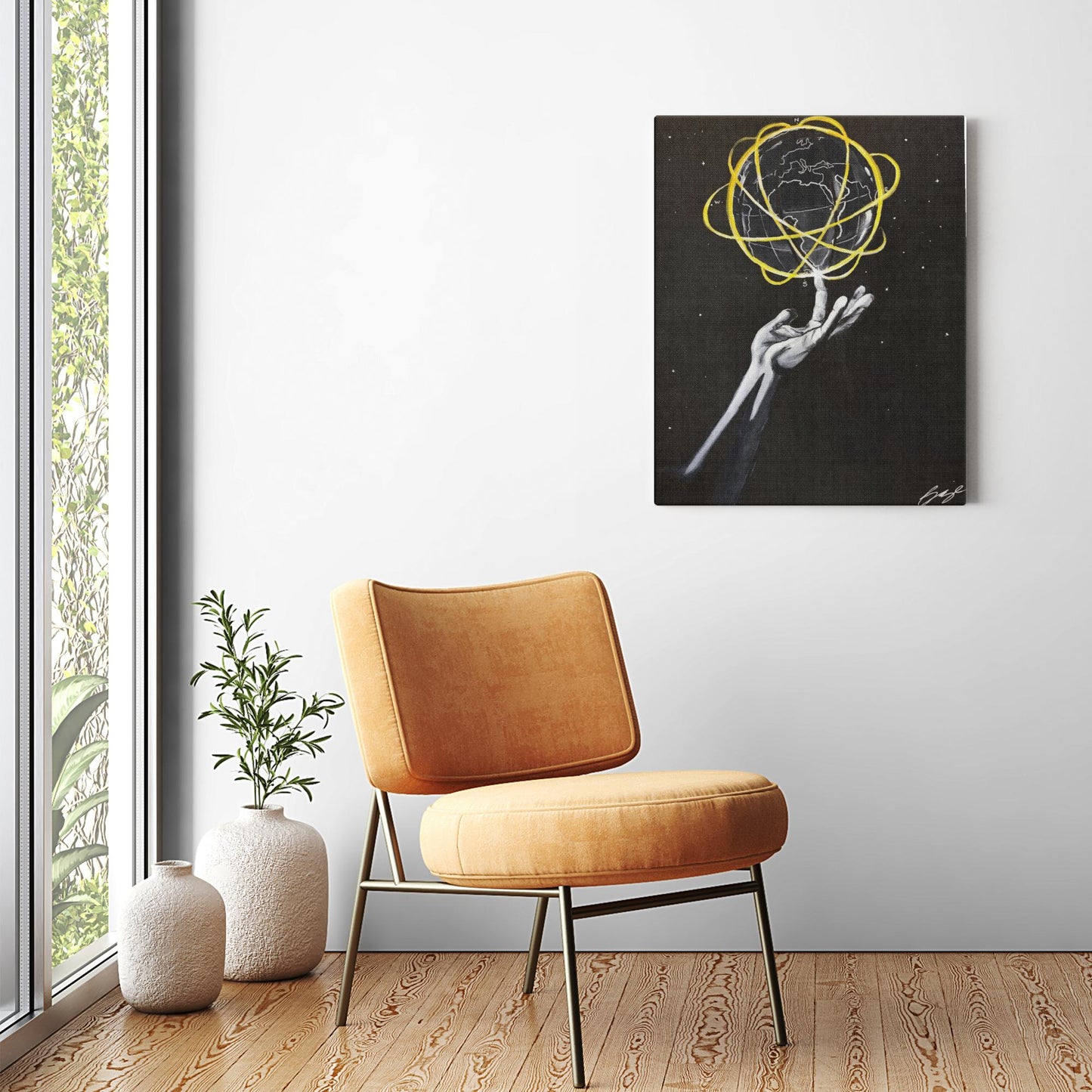 Silhouette painting titled “Destiny Control” showing a male hand spinning a globe-shaped basketball on one finger, symbolizing mastery and human potential.