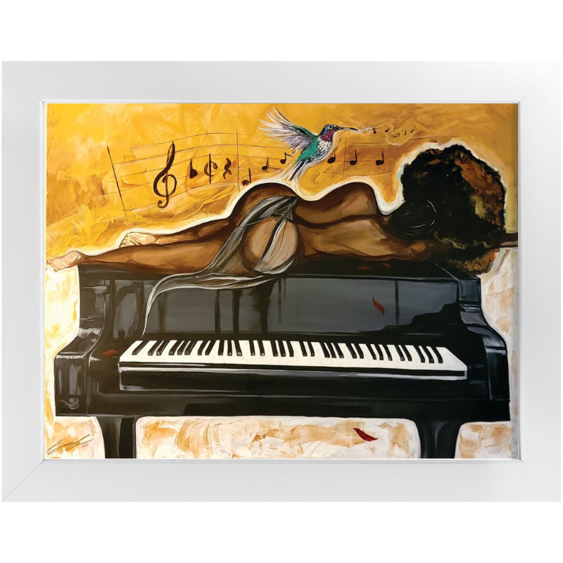 Original acrylic painting of a dark-skinned Black woman with natural afro hair resting on a black grand piano, draped in sheer silk fabric, as a hummingbird serenades above her head.