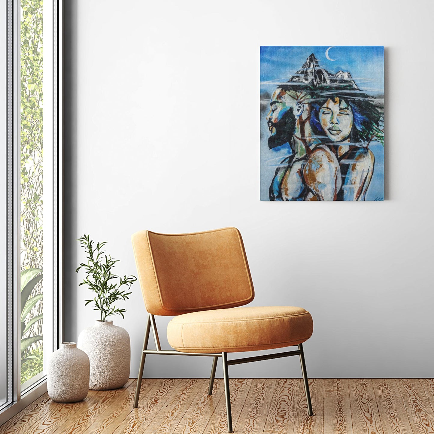 Abstract painting titled “Altitude” showing an embracing couple formed as a tree, growing upward toward a misty mountain peak symbolizing love and resilience.
