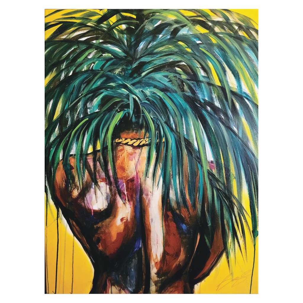 Painting titled “Throwing Shade” showing a solitary male figure with a strong back and palm tree hair, wearing a gold chain against a bright yellow tropical background.