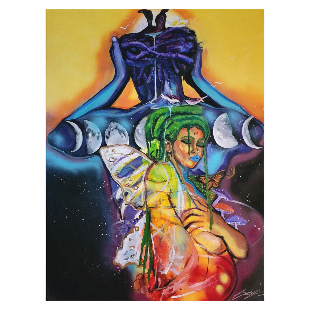 Spiritual painting titled “Nested Love Vol 2.” showing two figures ascending together in divine union, symbolizing love, chakra energy, and spiritual awakening.