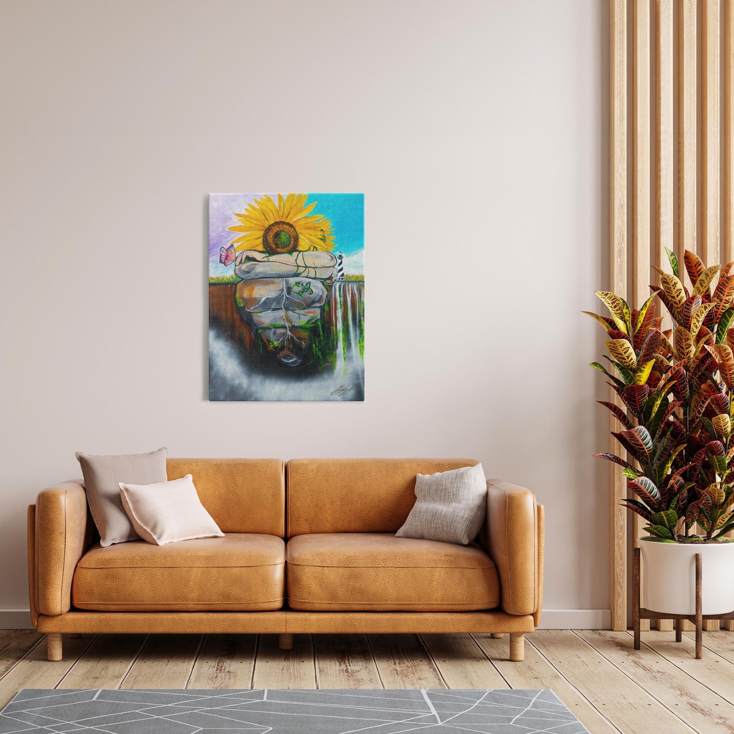 Surreal painting of two sunflowers growing through stone, symbolizing love, growth, and life with butterflies and a door, representing the heart."