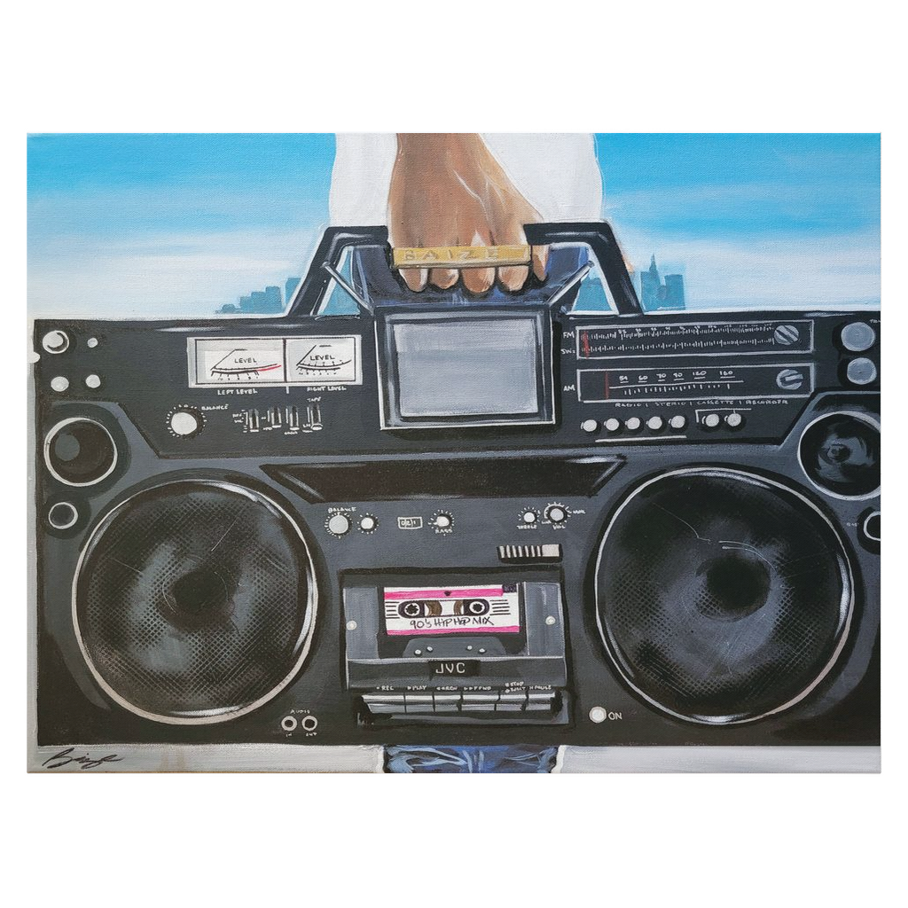 Painting titled “My Boom Box” showing a man in a white T-shirt holding a boombox with a BAIZE ring on his fingers and a faint city skyline in the background.