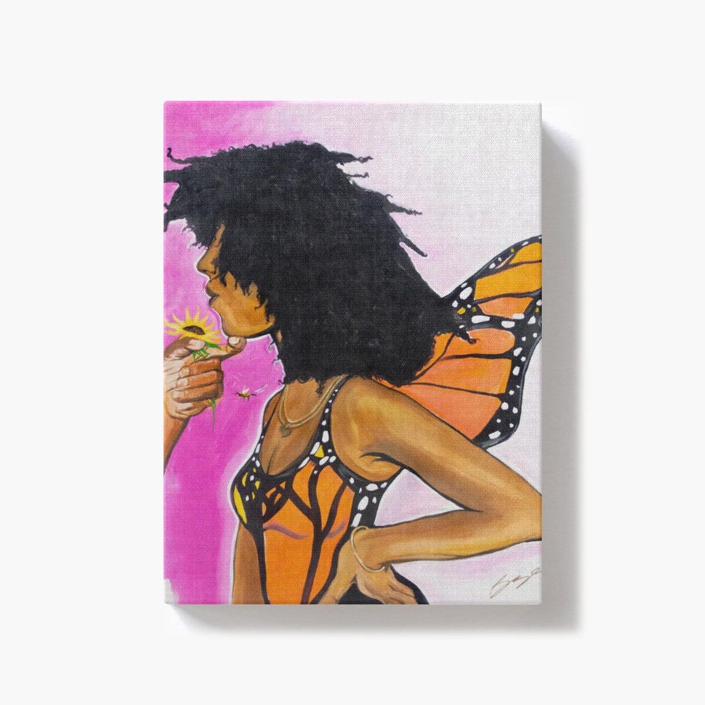 Surreal painting titled “Angelic Butterfly” showing a male hand holding a sunflower toward a Black woman depicted as a butterfly, symbolizing love and transformation.