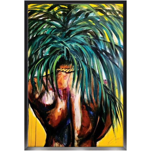 Painting titled “Throwing Shade” showing a solitary male figure with a strong back and palm tree hair, wearing a gold chain against a bright yellow tropical background.
