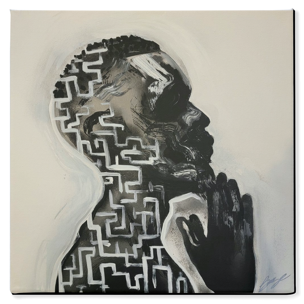 Abstract painting titled “Amazing Grace” showing a male figure in prayer with an intricate maze design within his profile, symbolizing faith and divine guidance.