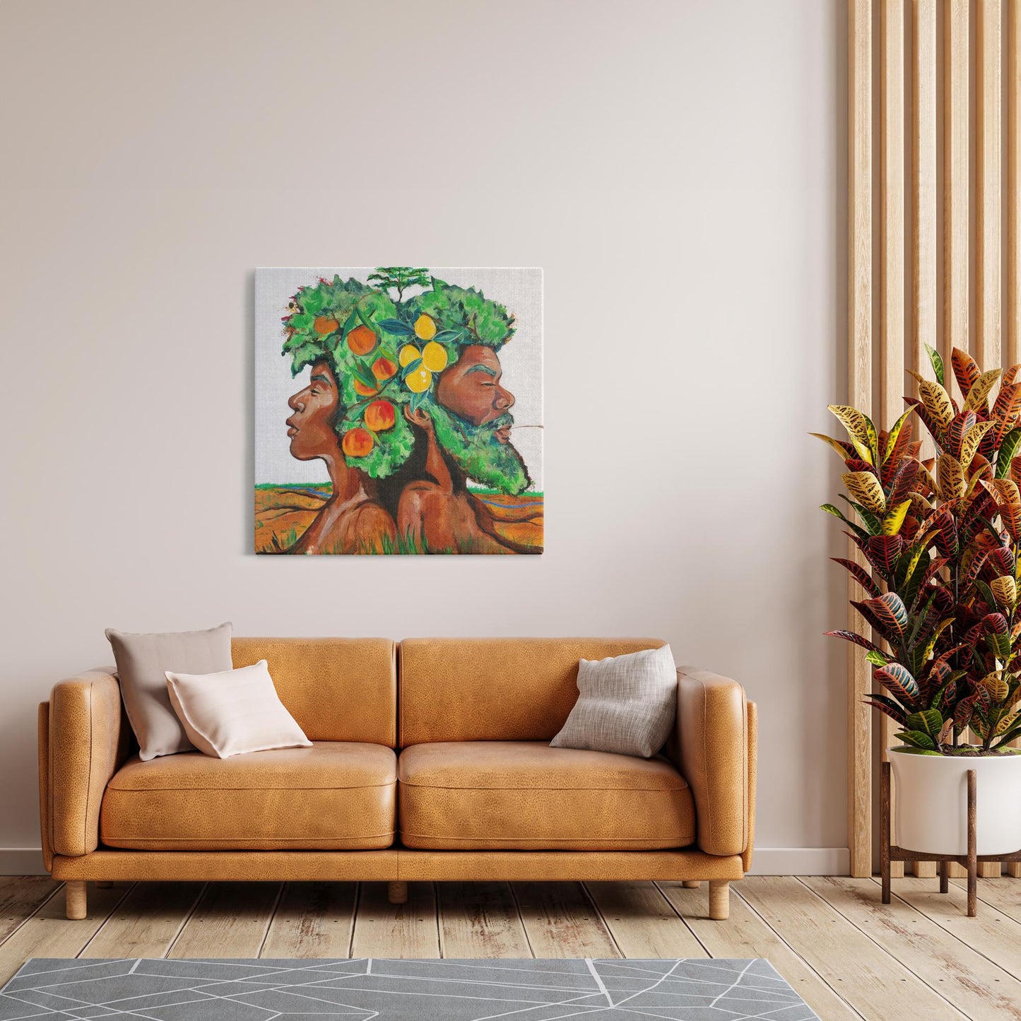Painting titled “In Good Grace” showing male and female tree figures back-to-back with green afros, bearing fruit and a baby tree, in a serene natural landscape.
