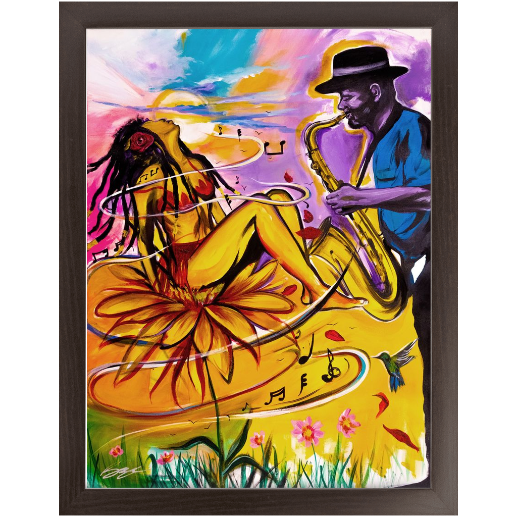 Painting titled “Special Dedication” showing a soulful saxophonist performing for a woman, capturing musical passion and emotional connection in vibrant tones.