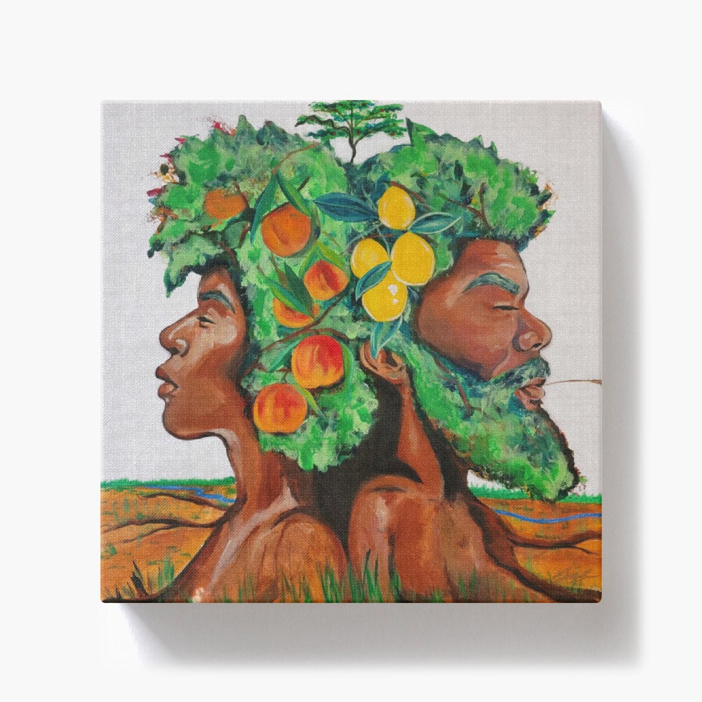 Painting titled “In Good Grace” showing male and female tree figures back-to-back with green afros, bearing fruit and a baby tree, in a serene natural landscape.