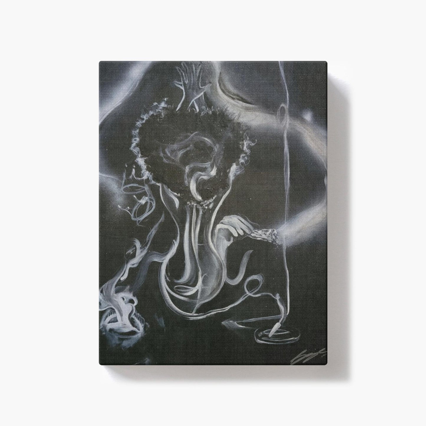 Painting titled “All the Smoke” showing smoke forming a woman, hidden male figure, incense, burning sage, the word love, and male and female crowns, symbolizing transformation and energy.