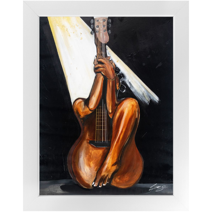 Abstract painting titled “Fine Tuned” showing a woman’s curved body merged with a guitar’s form, one leg extending upward into the neck of the instrument.