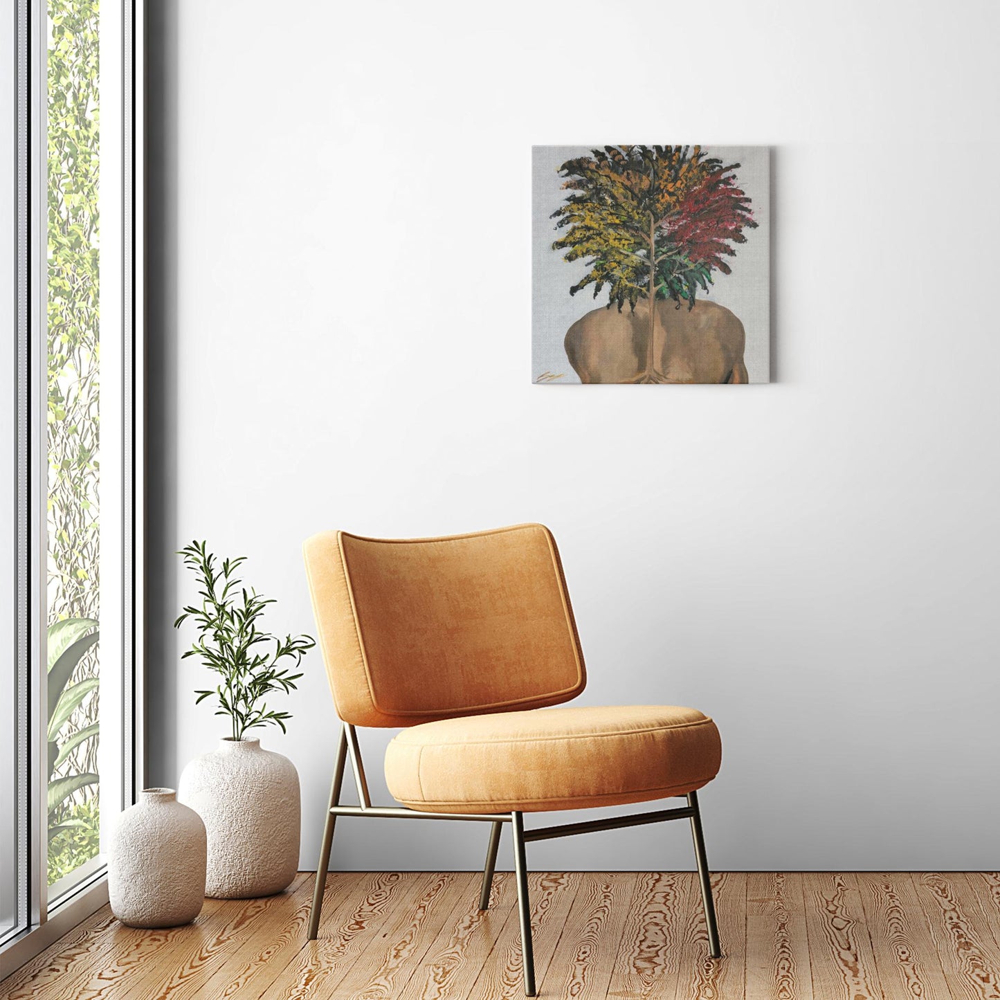 "Surreal painting of two sunflowers growing through stone, symbolizing love, growth, and life with butterflies and a door entrance to an open heart."