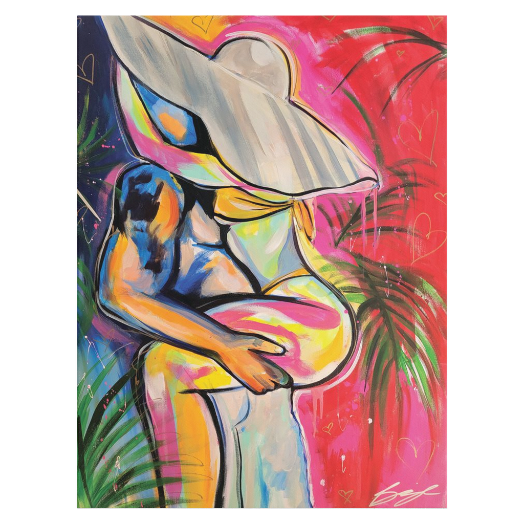 Painting titled “Passion in Paradise” showing a couple in a private, passionate embrace surrounded by tropical palms, capturing intimacy and desire.