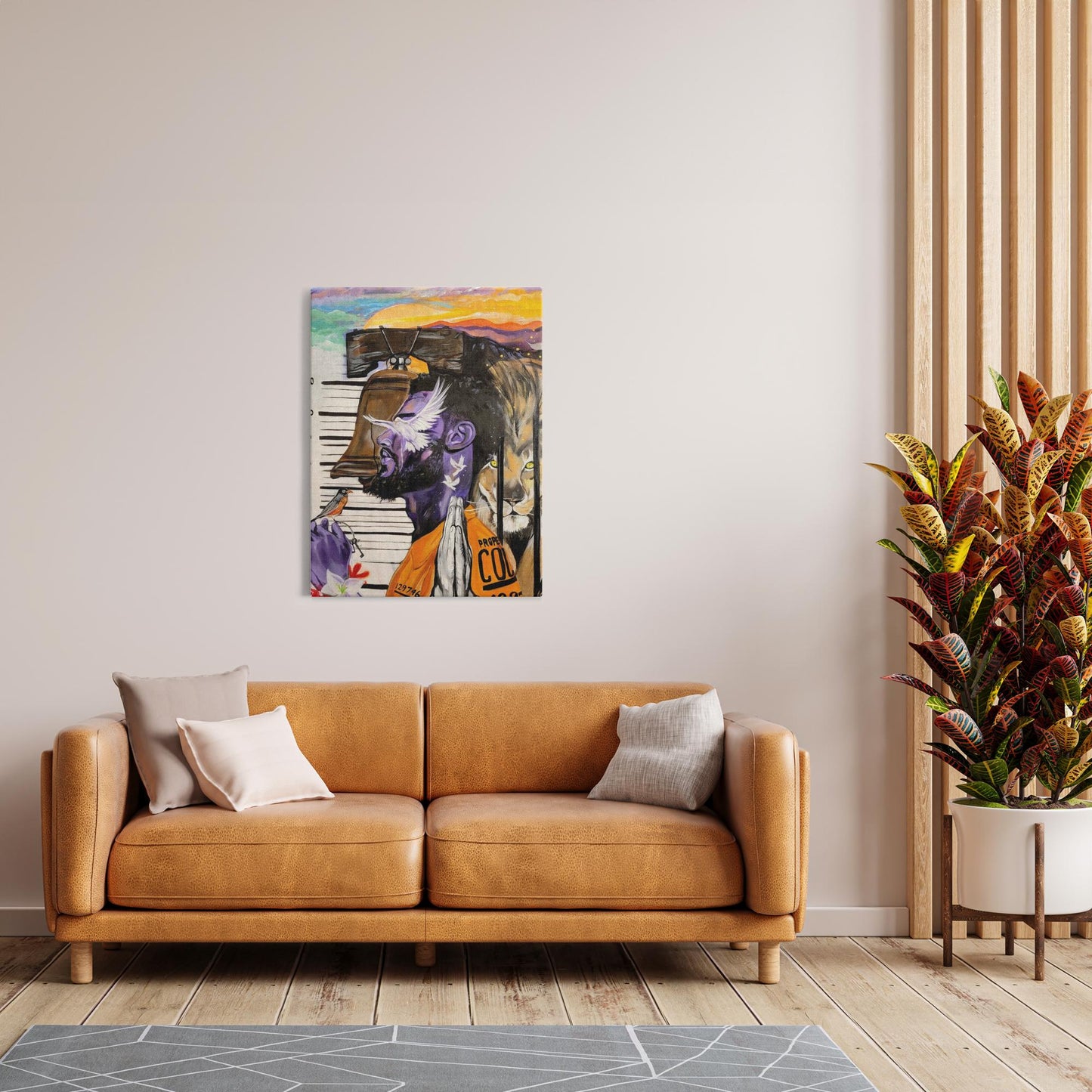 Painting titled “Give Me Liberty” showing a male in a prison jumpsuit kneeling in prayer with a symbolic lion behind bars, liberty bell, and doves representing freedom.