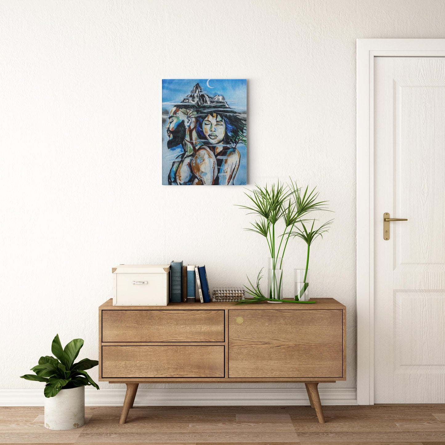 Abstract painting titled “Altitude” showing an embracing couple formed as a tree, growing upward toward a misty mountain peak symbolizing love and resilience.