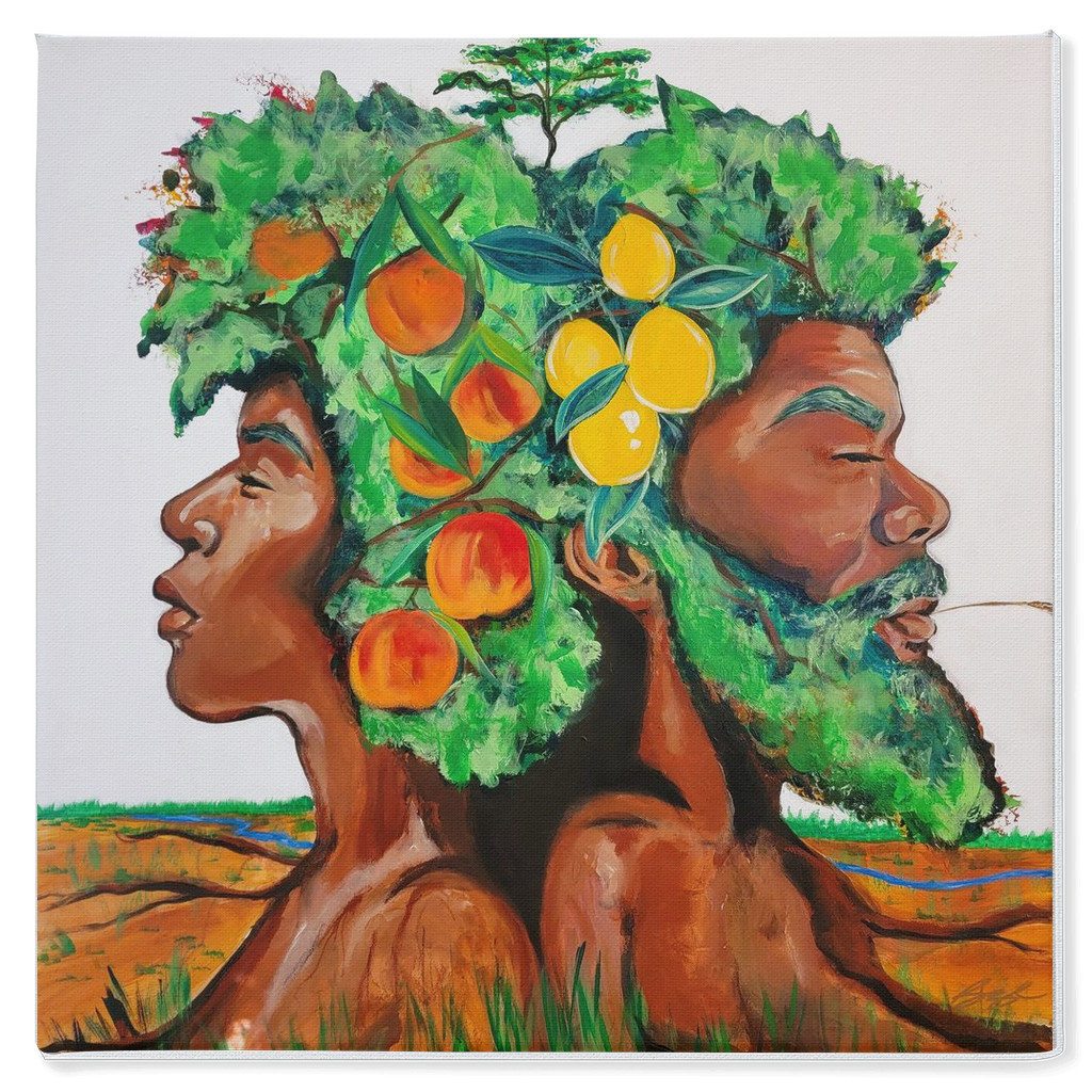 Painting titled “In Good Grace” showing male and female tree figures back-to-back with green afros, bearing fruit and a baby tree, in a serene natural landscape.