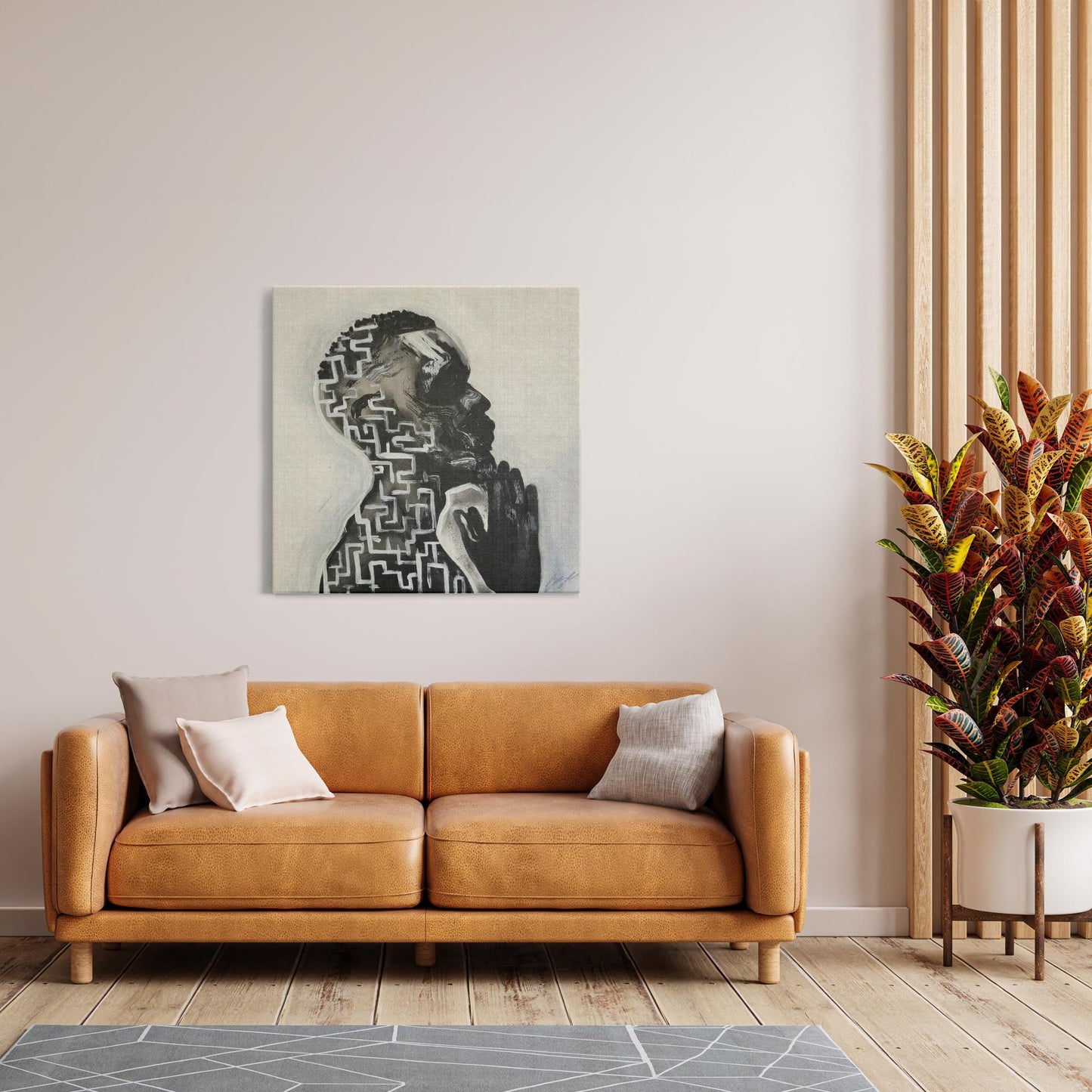 Abstract painting titled “Amazing Grace” showing a male figure in prayer with an intricate maze design within his profile, symbolizing faith and divine guidance.