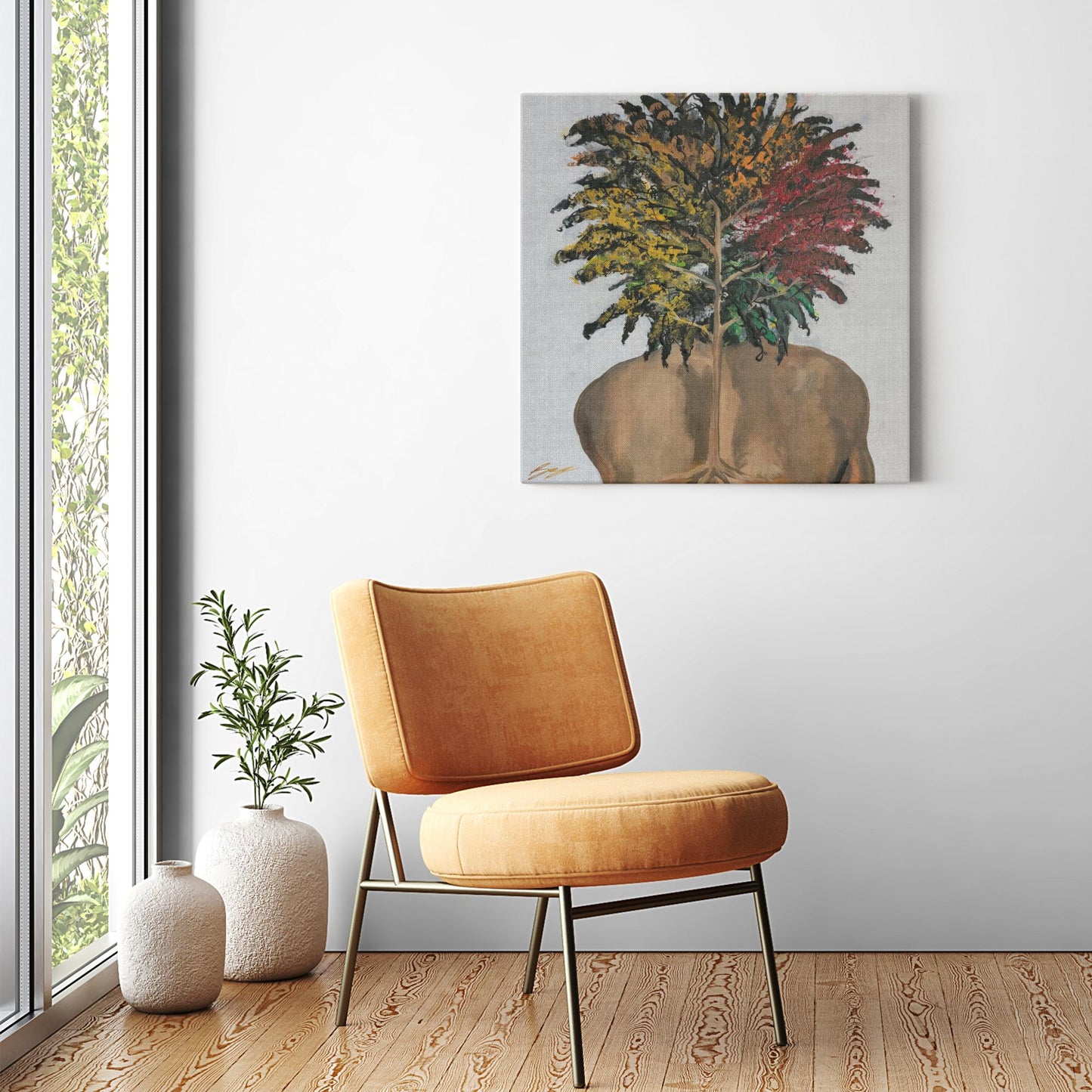 "Surreal painting of two sunflowers growing through stone, symbolizing love, growth, and life with butterflies and a door entrance to an open heart."