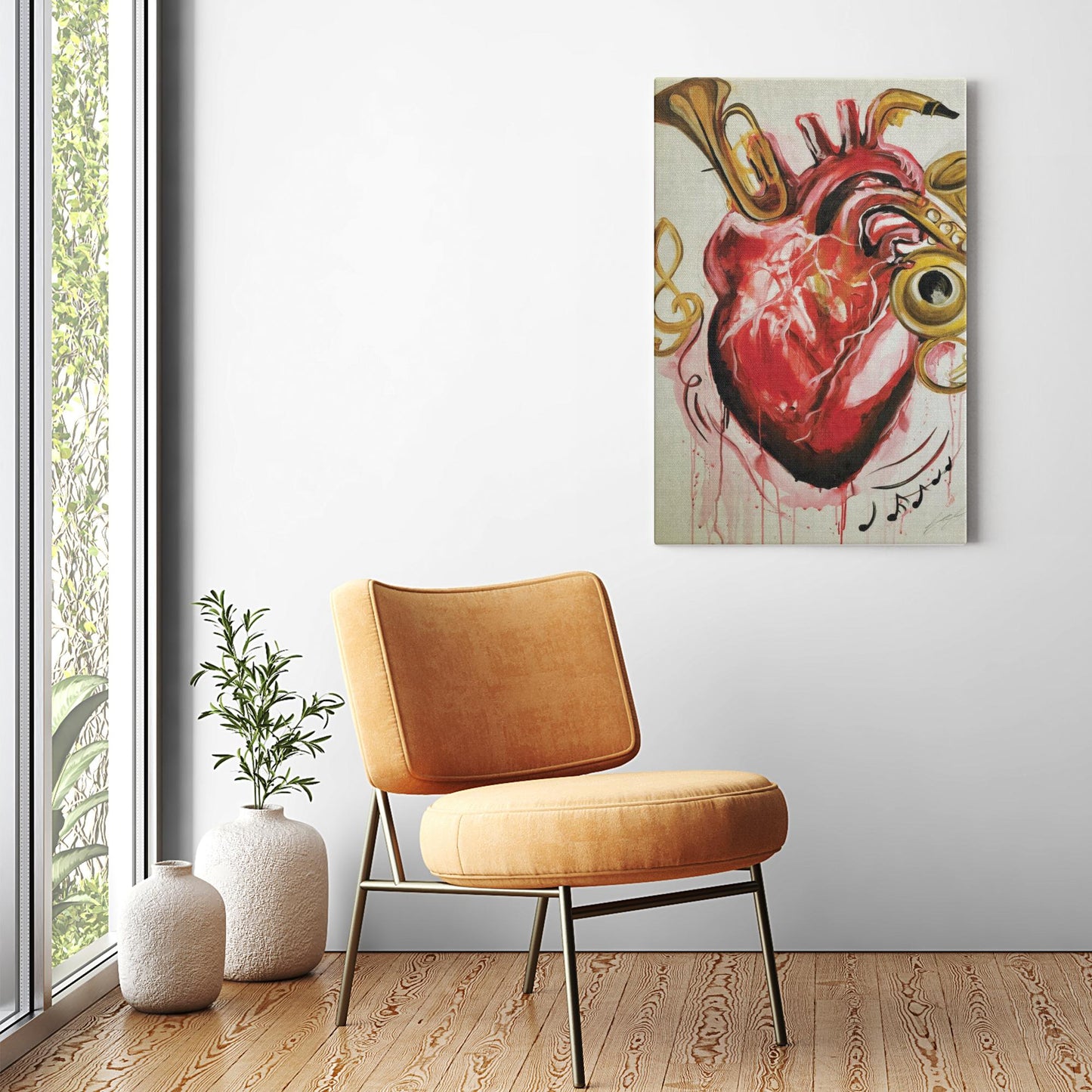 Abstract painting titled “From the Heart” showing musical instruments shaped like parts of a human heart—flutes, horns, and drums merging in surreal form.