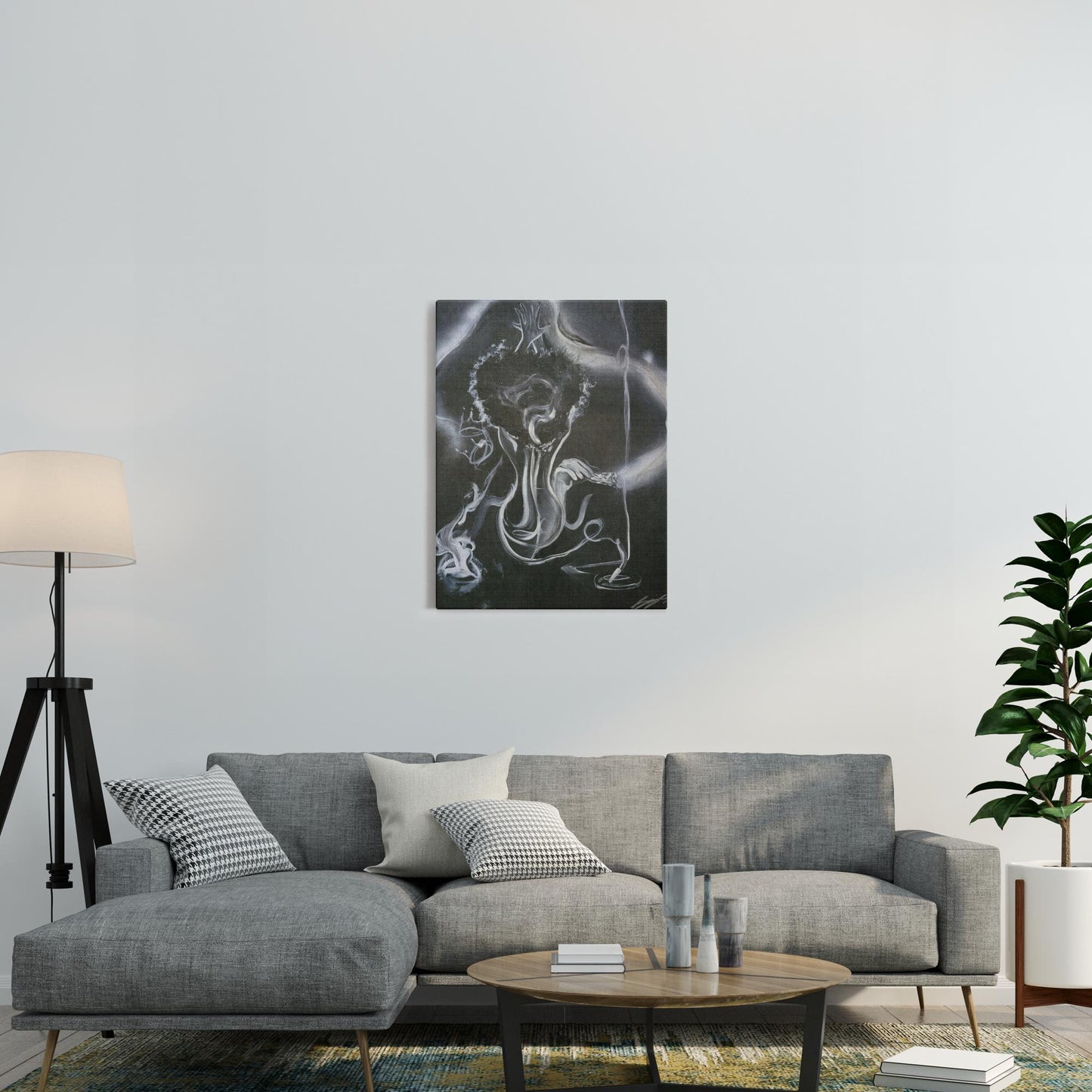 Painting titled “All the Smoke” showing smoke forming a woman, hidden male figure, incense, burning sage, the word love, and male and female crowns, symbolizing transformation and energy.