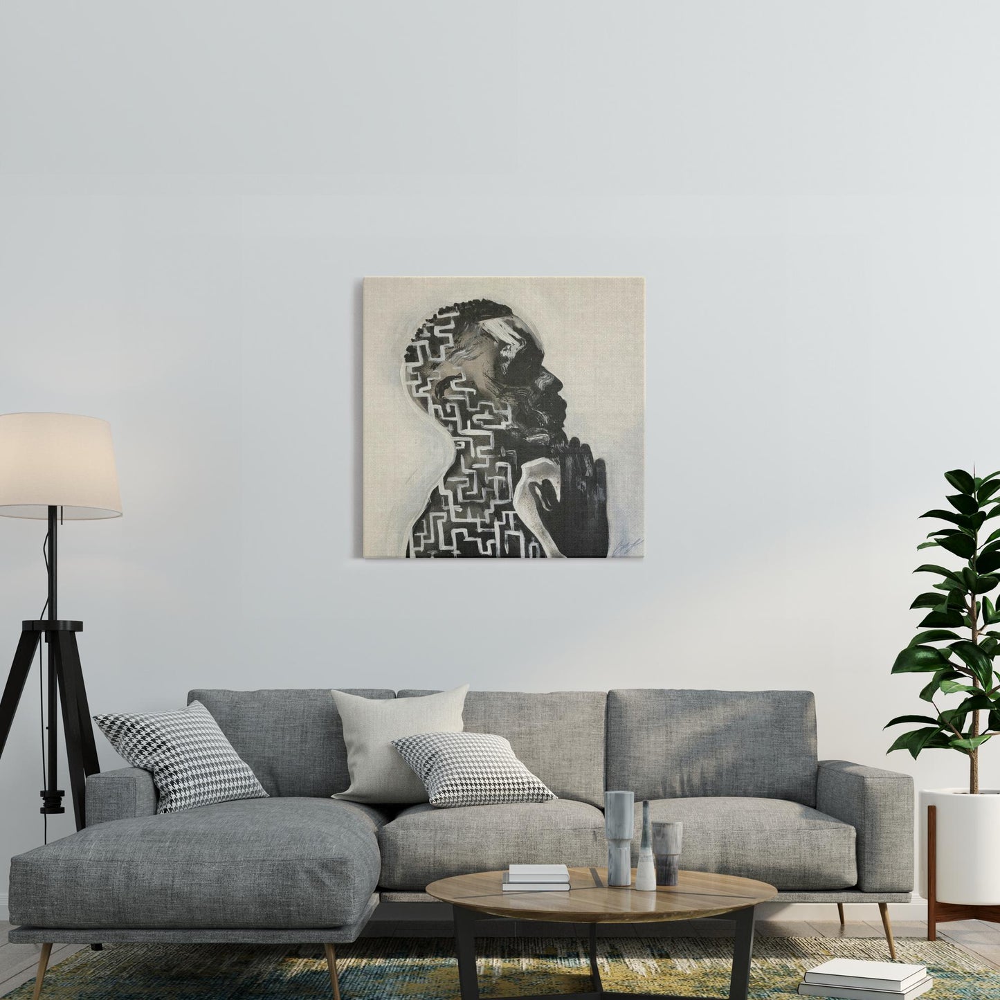 Abstract painting titled “Amazing Grace” showing a male figure in prayer with an intricate maze design within his profile, symbolizing faith and divine guidance.