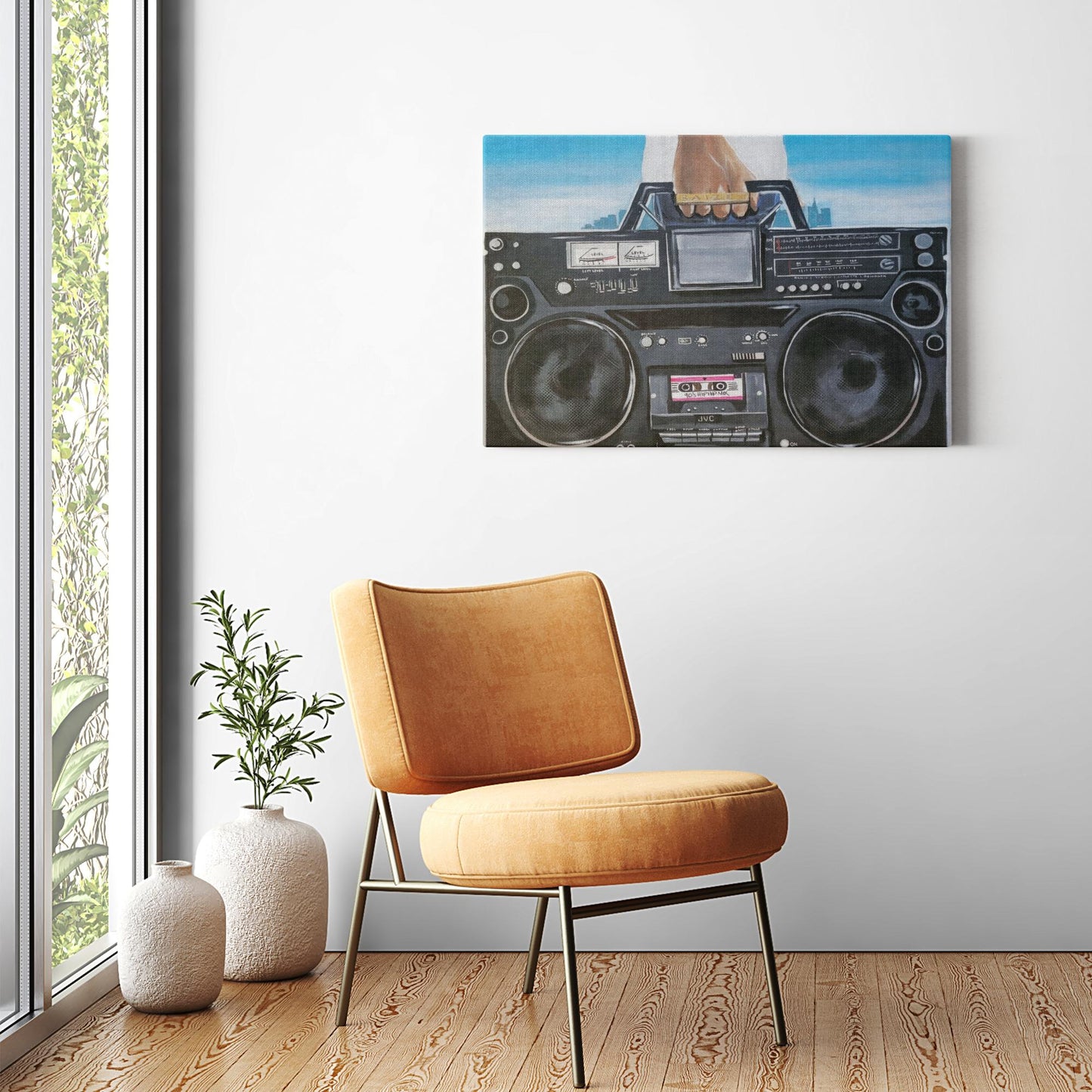 Painting titled “My Boom Box” showing a man in a white T-shirt holding a boombox with a BAIZE ring on his fingers and a faint city skyline in the background.