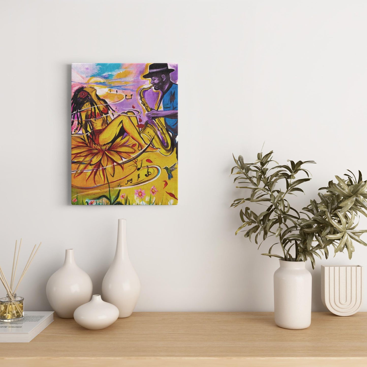 Painting titled “Special Dedication” showing a soulful saxophonist performing for a woman, capturing musical passion and emotional connection in vibrant tones.
