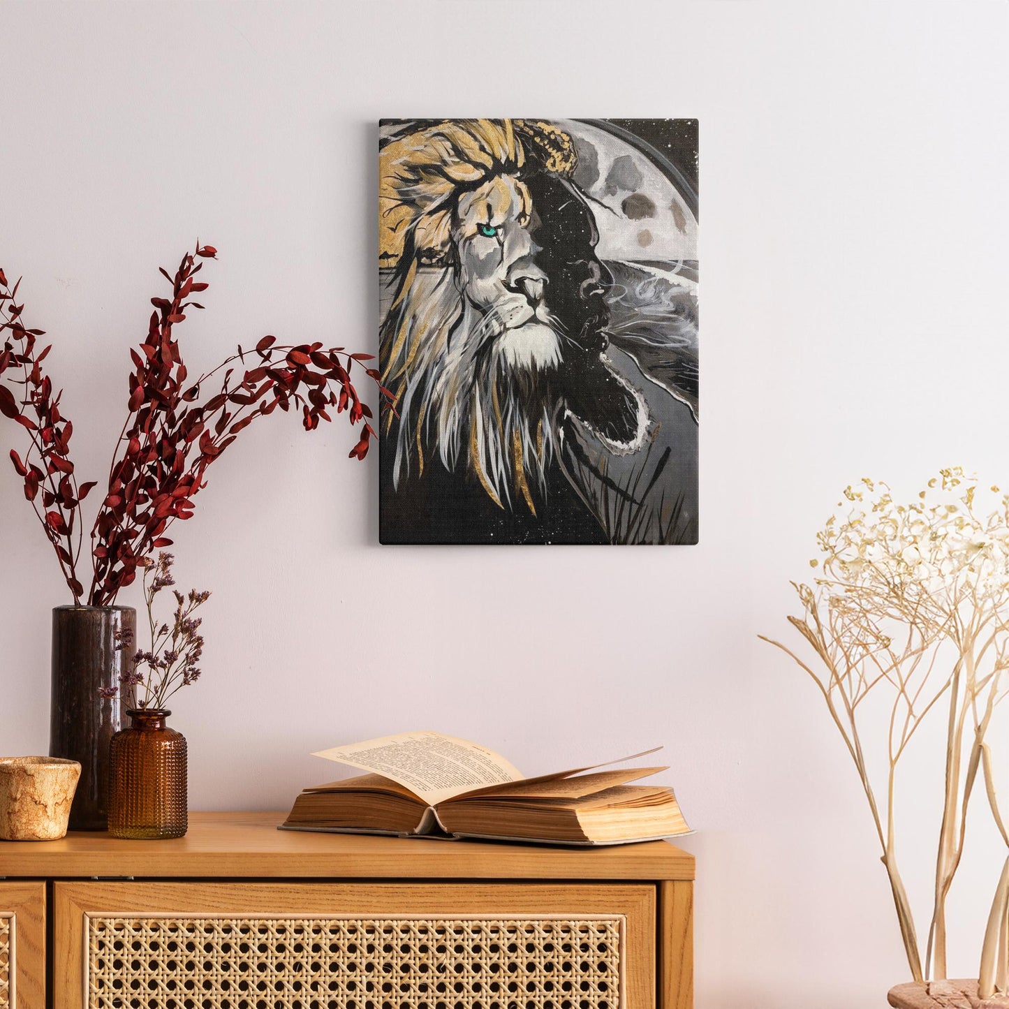 Painting titled “Into the Night” showing a seamless blend of a man and lion’s face over a moonlit ocean, with gold sunlight merging into the lion’s mane.