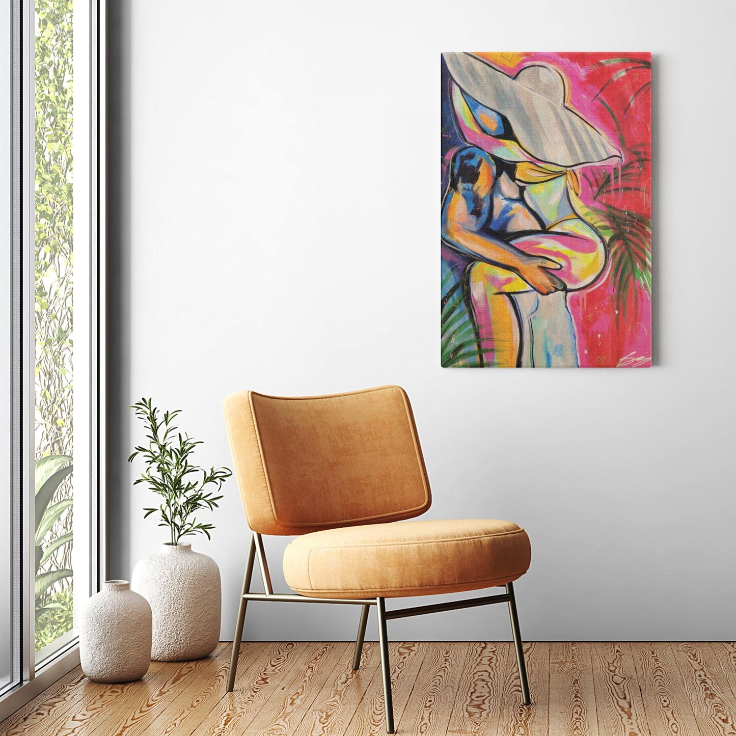 Painting titled “Passion in Paradise” showing a couple in a private, passionate embrace surrounded by tropical palms, capturing intimacy and desire.