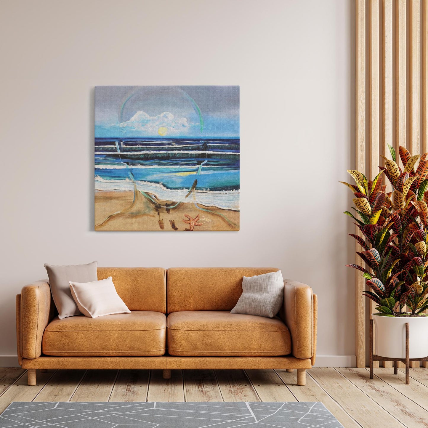Painting titled “Fluent” showing an ocean scene blending with the outline of a male face, waves running into sand, starfish and shells, with a glowing sun symbolizing peace and focus.