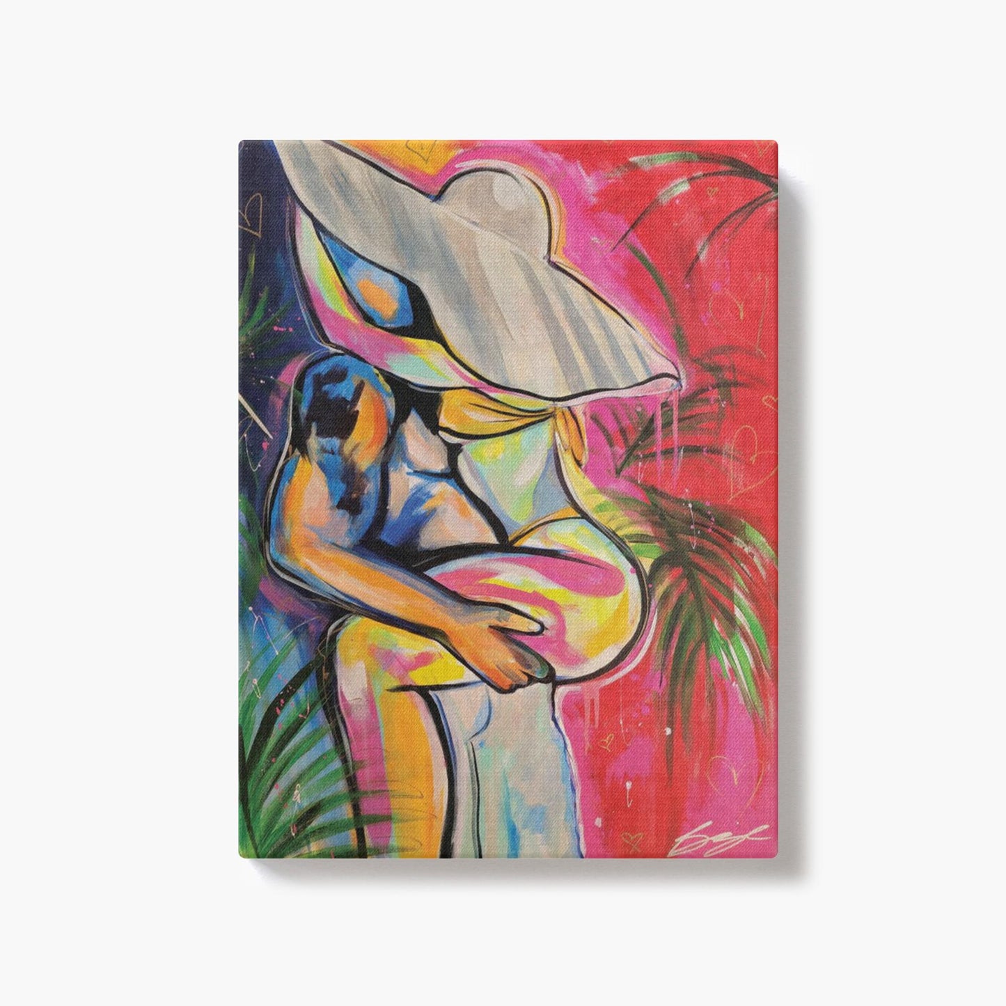 Painting titled “Passion in Paradise” showing a couple in a private, passionate embrace surrounded by tropical palms, capturing intimacy and desire.