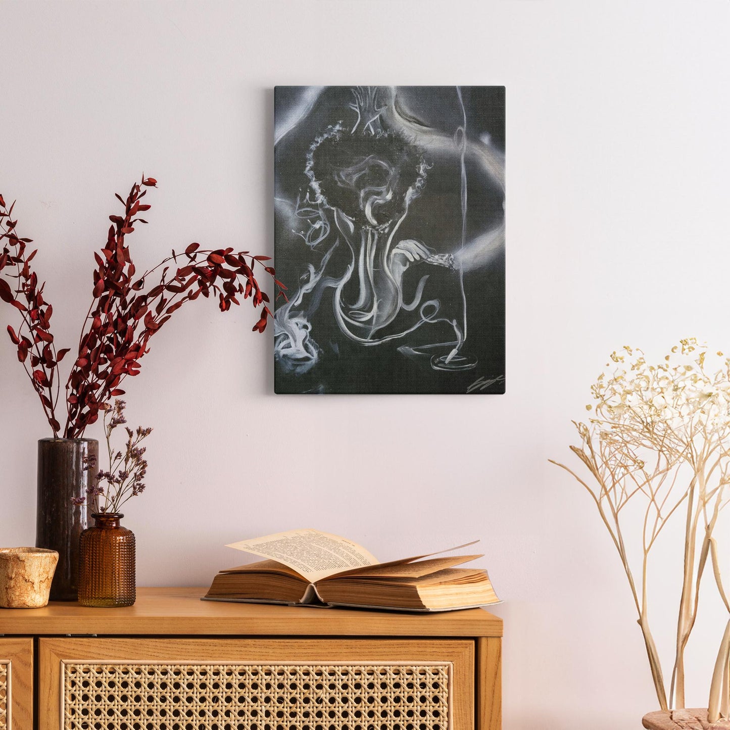 Painting titled “All the Smoke” showing smoke forming a woman, hidden male figure, incense, burning sage, the word love, and male and female crowns, symbolizing transformation and energy.