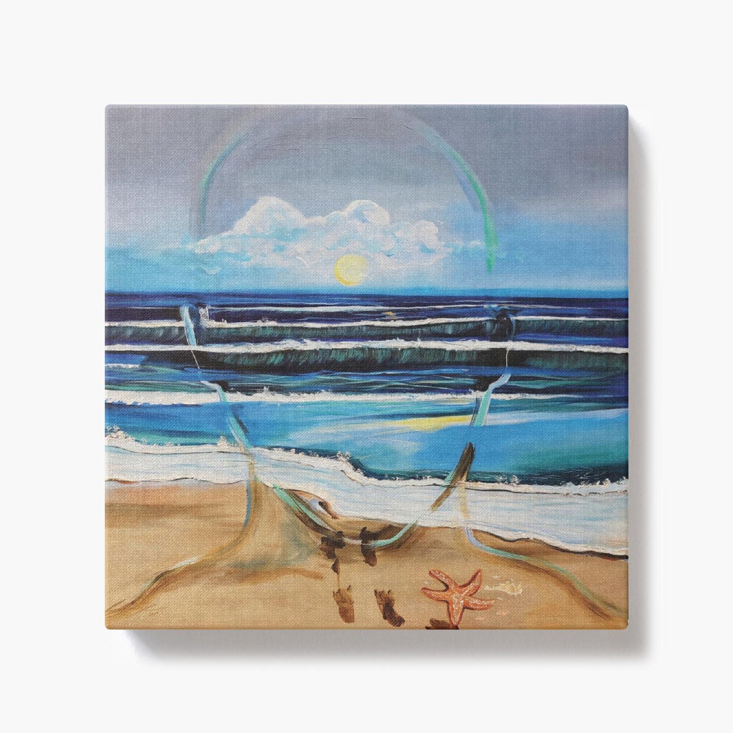 Painting titled “Fluent” showing an ocean scene blending with the outline of a male face, waves running into sand, starfish and shells, with a glowing sun symbolizing peace and focus.