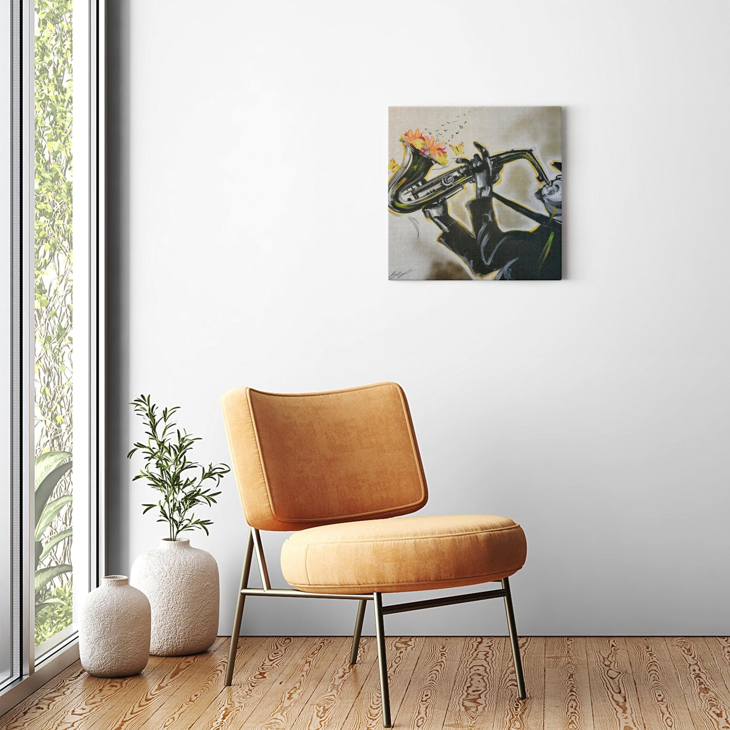 Abstract painting titled “Full Bloom” showing a silhouetted saxophonist playing as flowers bloom from the horn, transforming into floating music notes.
