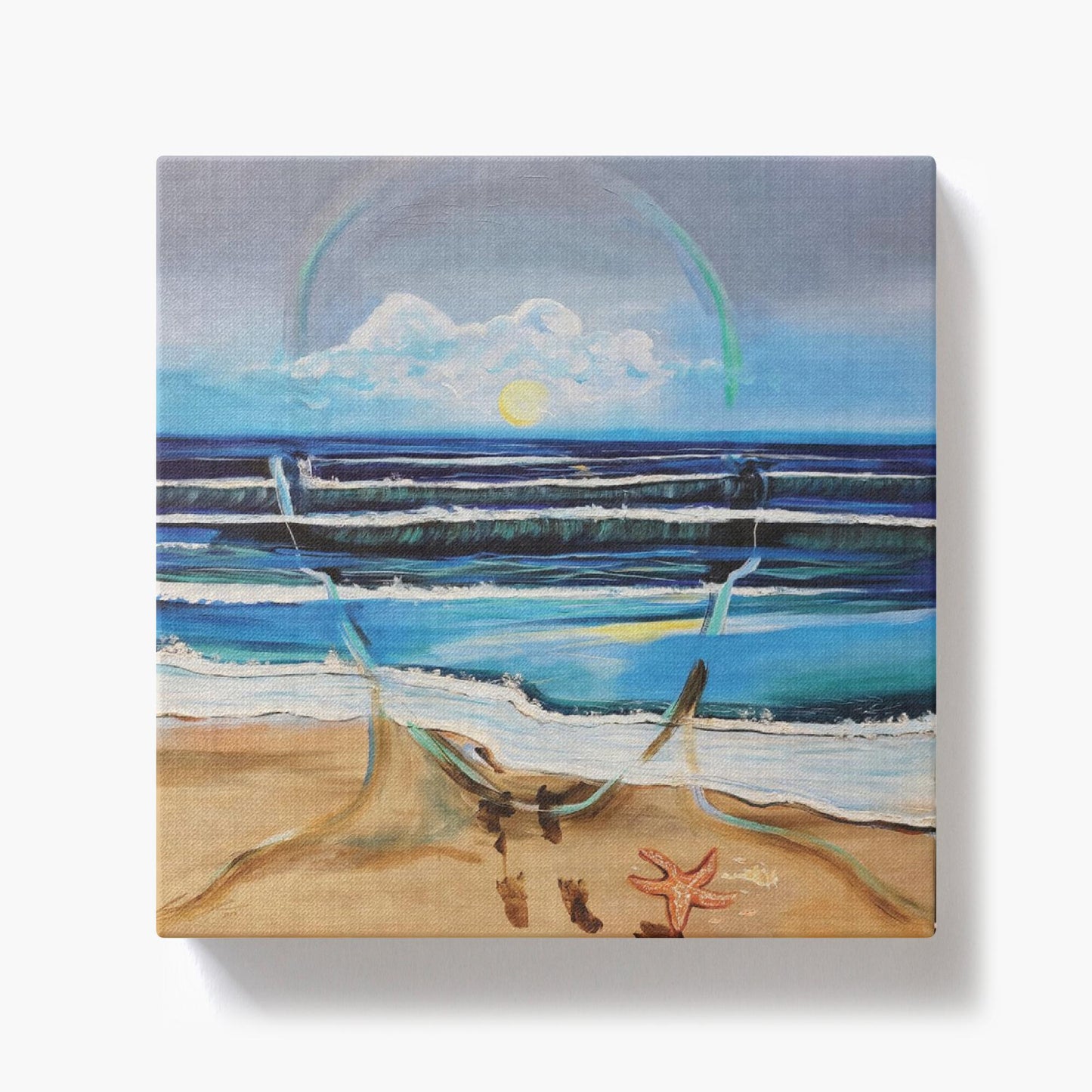 Painting titled “Fluent” showing an ocean scene blending with the outline of a male face, waves running into sand, starfish and shells, with a glowing sun symbolizing peace and focus.