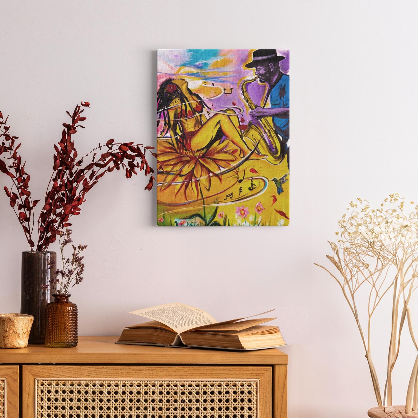 Painting titled “Special Dedication” showing a soulful saxophonist performing for a woman, capturing musical passion and emotional connection in vibrant tones.