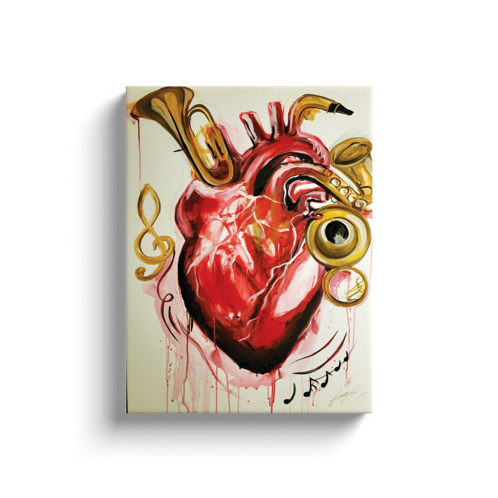 Abstract painting titled “From the Heart” showing musical instruments shaped like parts of a human heart—flutes, horns, and drums merging in surreal form.