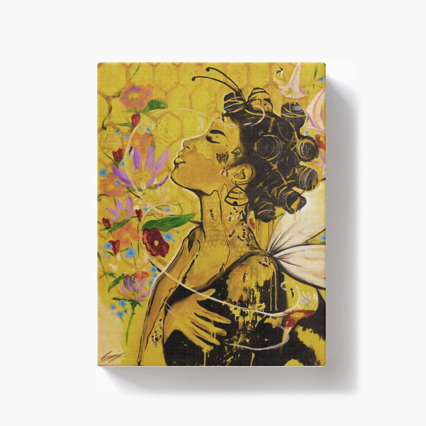 Painting titled “Angelic Butterfly” showing a Black woman with bantu knots, honey-dipped skin, butterfly wings, gold flakes, and bees in a bright yellow setting.