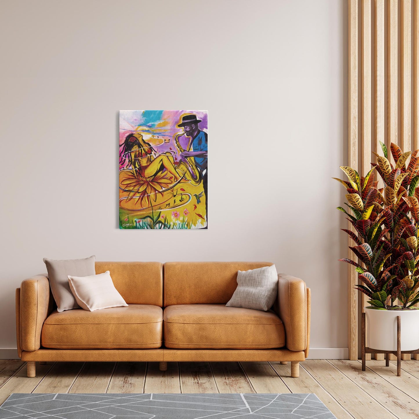Painting titled “Special Dedication” showing a soulful saxophonist performing for a woman, capturing musical passion and emotional connection in vibrant tones.