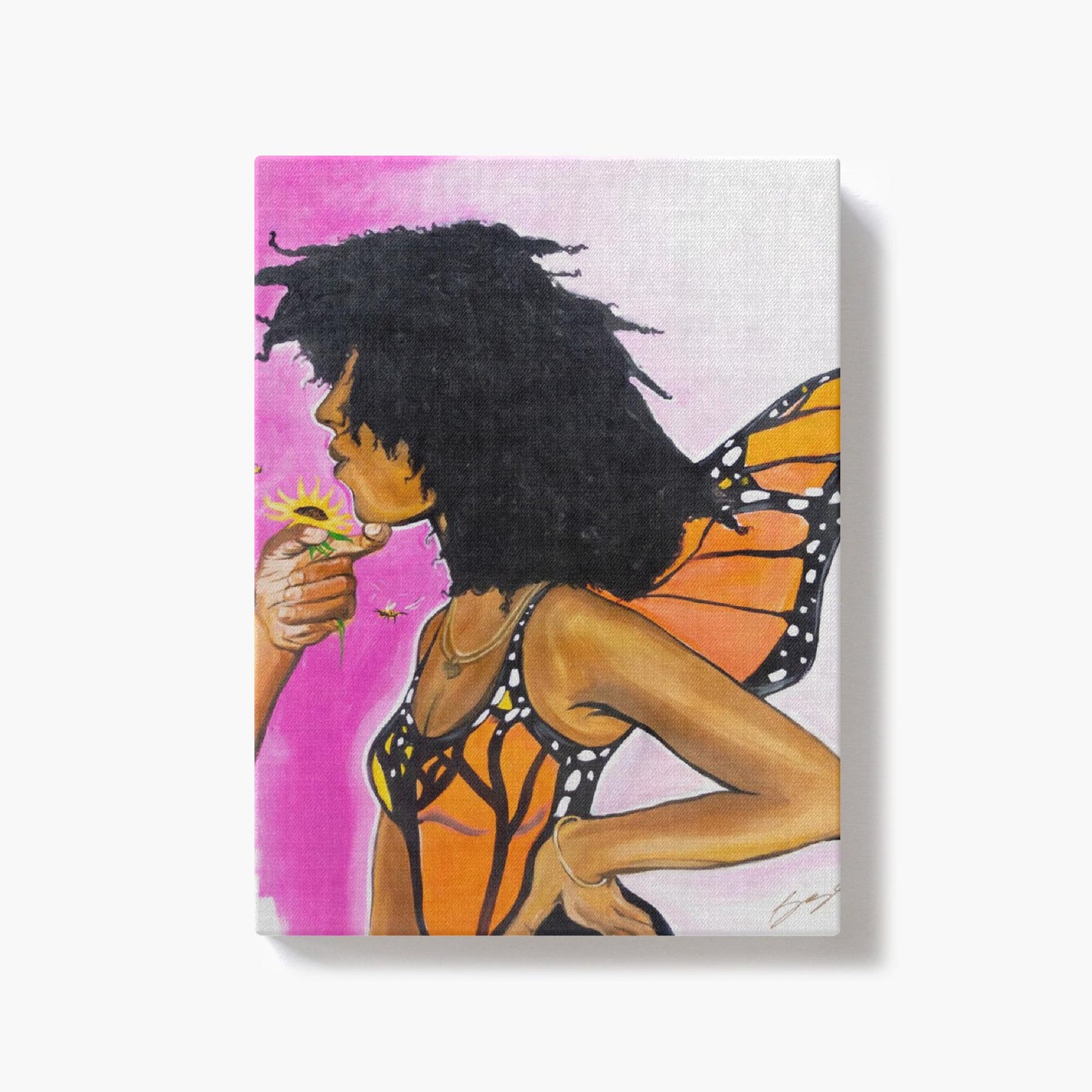 Surreal painting titled “Angelic Butterfly” showing a male hand holding a sunflower toward a Black woman depicted as a butterfly, symbolizing love and transformation.