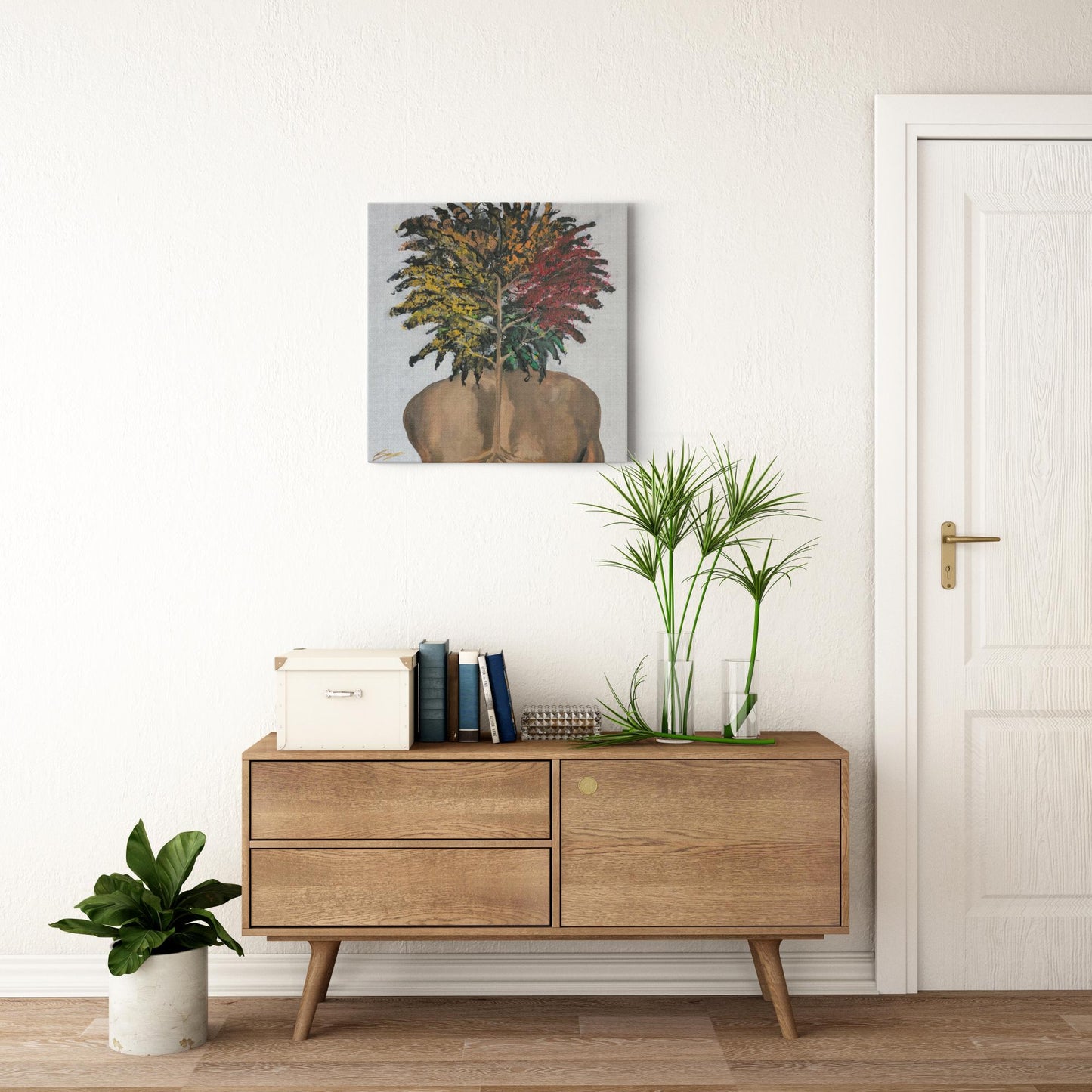 "Surreal painting of two sunflowers growing through stone, symbolizing love, growth, and life with butterflies and a door entrance to an open heart."