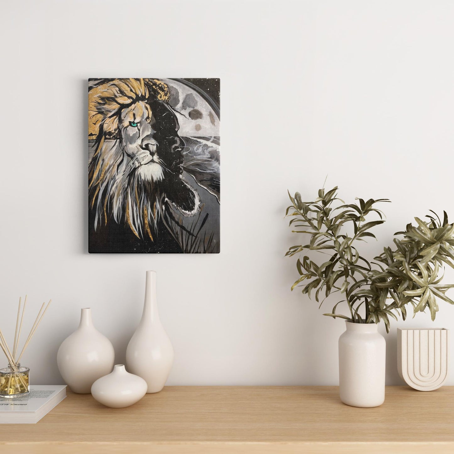 Painting titled “Into the Night” showing a seamless blend of a man and lion’s face over a moonlit ocean, with gold sunlight merging into the lion’s mane.