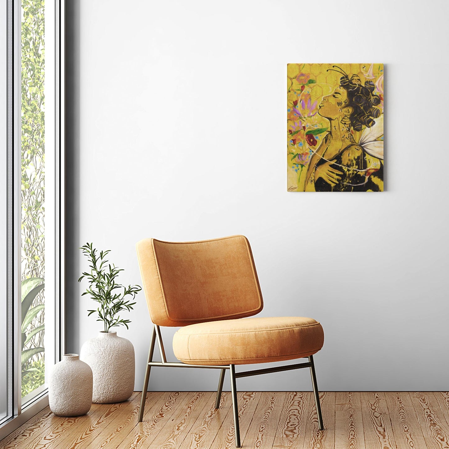 Painting titled “Angelic Butterfly” showing a Black woman with bantu knots, honey-dipped skin, butterfly wings, gold flakes, and bees in a bright yellow setting.
