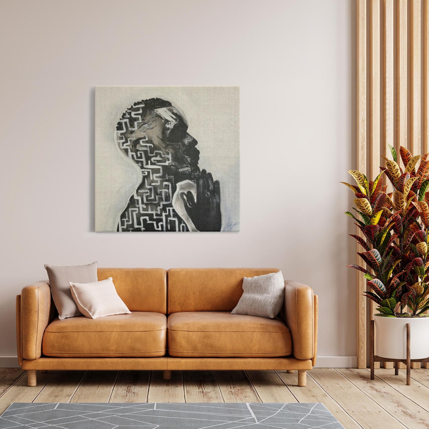 Abstract painting titled “Amazing Grace” showing a male figure in prayer with an intricate maze design within his profile, symbolizing faith and divine guidance.