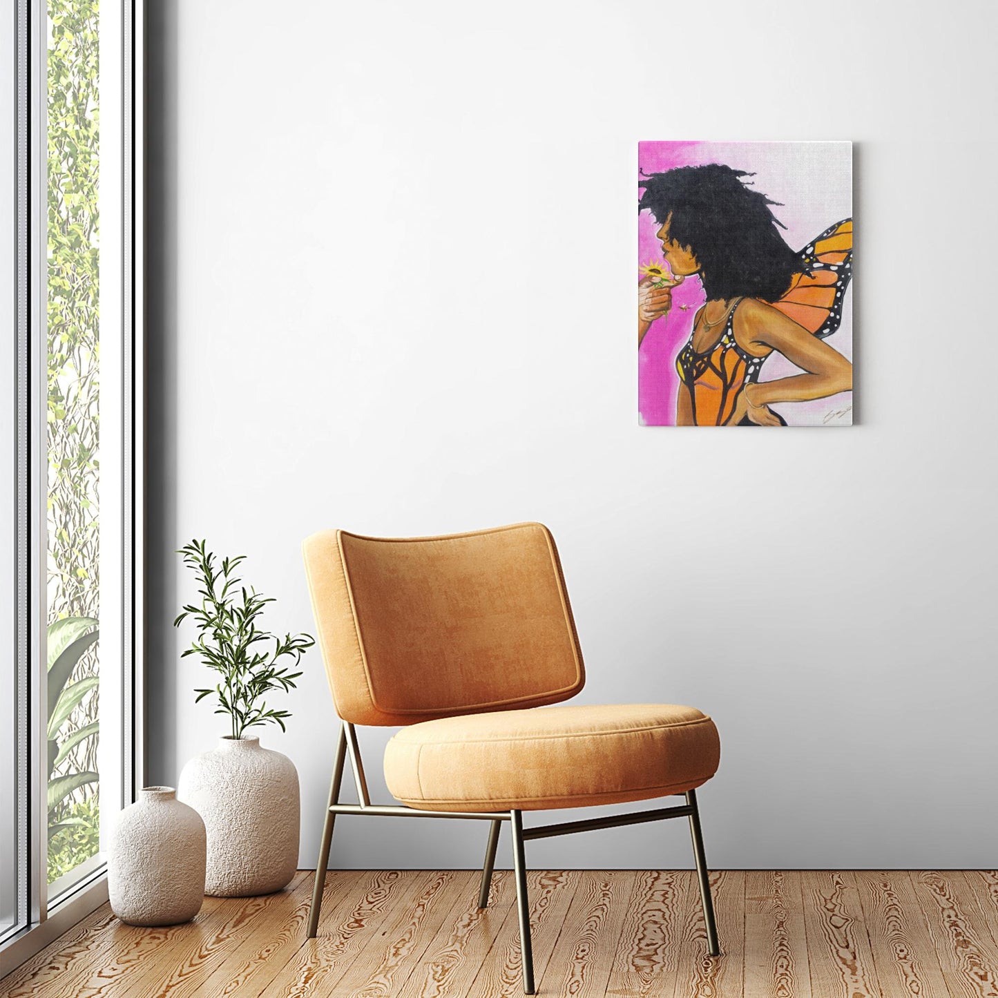Surreal painting titled “Angelic Butterfly” showing a male hand holding a sunflower toward a Black woman depicted as a butterfly, symbolizing love and transformation.